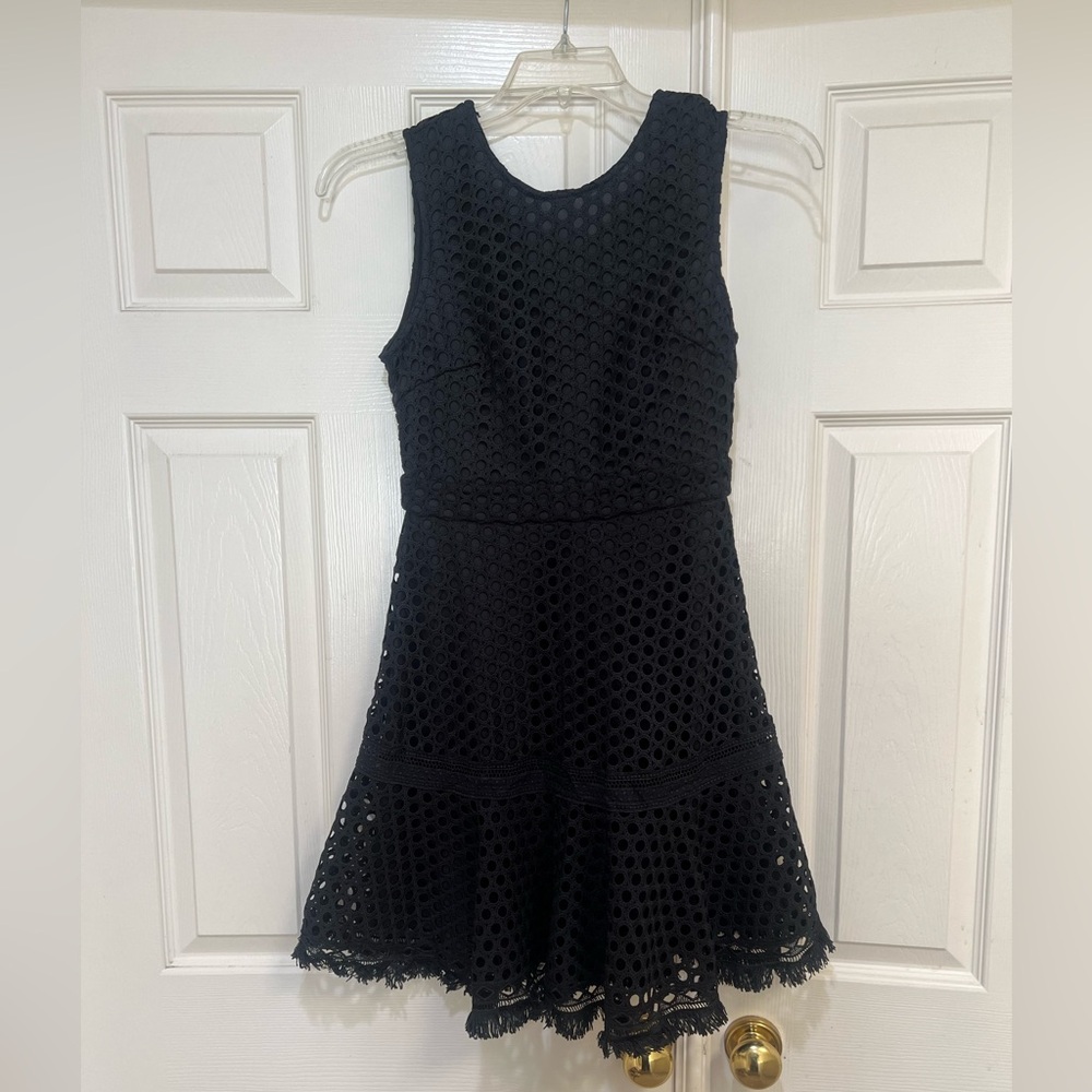 AQUA BLACK CROCHET Eyelet‎ PARTY COCKTAIL Mini Skater Dress LBD SIZE Small